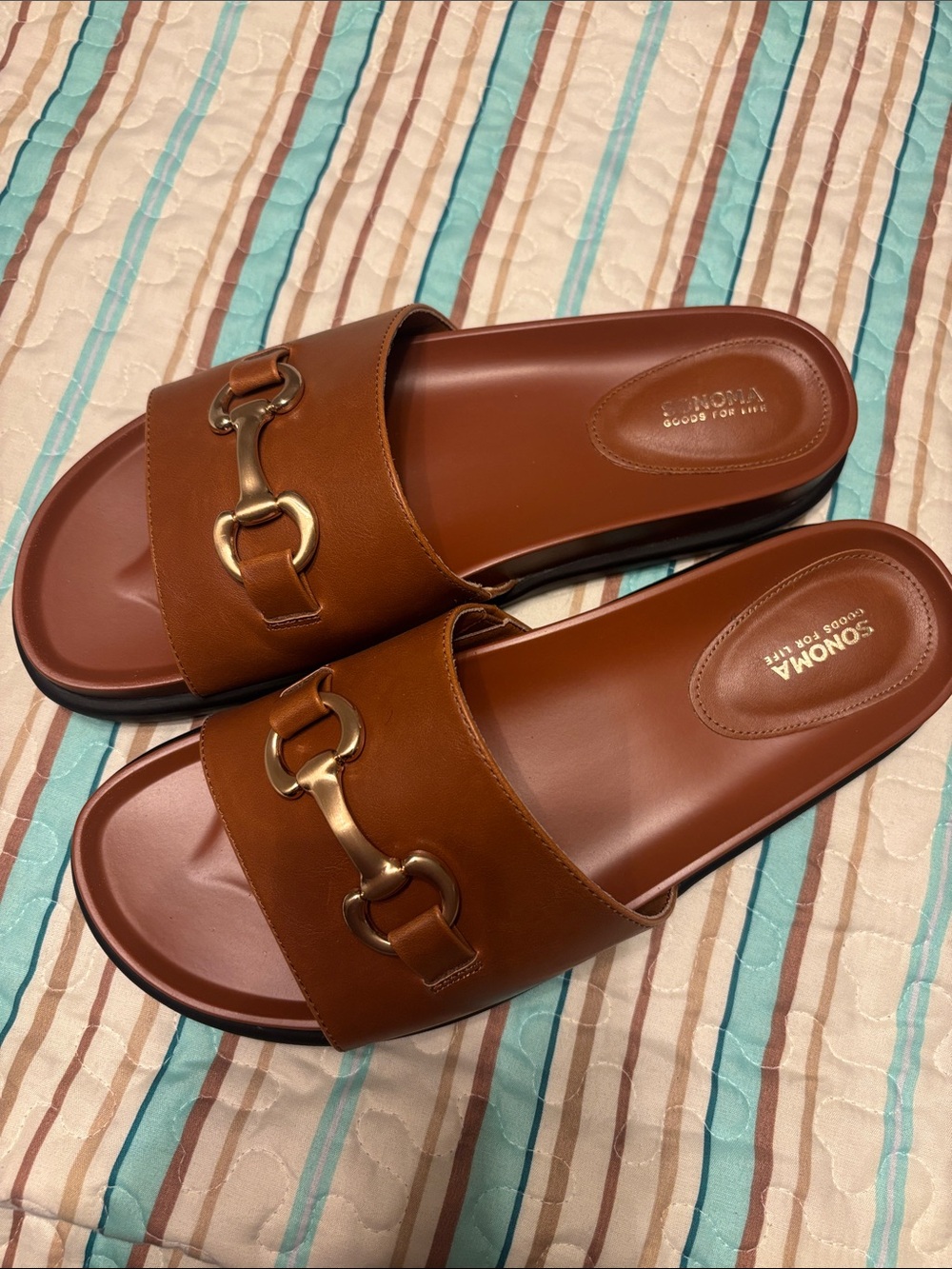EUC! Sonoma Cognac Slide Sandals with Gold Horsebit Accent